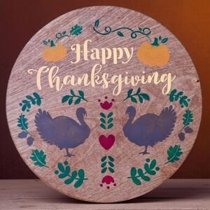 Happy Thanksgiving Scandinavian Inspired Painted Wood 12" Folk Art Turkey Sign